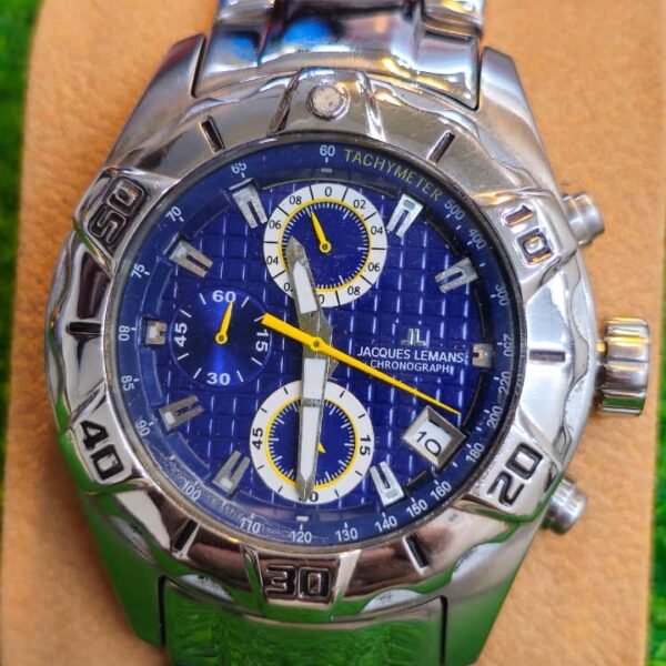 Jacques Lemans 1-1350 Chronograph — Blue Textured Dial, Tachymeter Swiss Made Men's Watch (Used)