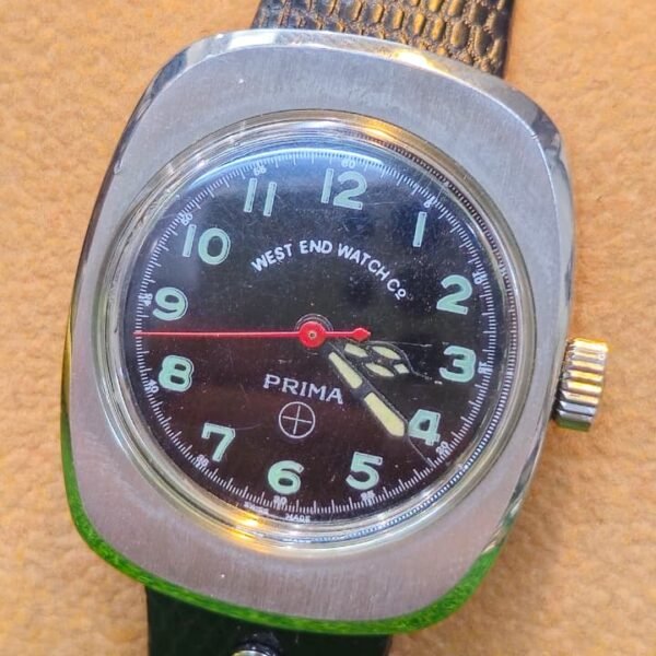 Vintage West End Watch Co. "Prima" — Black Military-Style Dial, Cushion Case Handwind Switzerland  made Unisex Watch (Used)